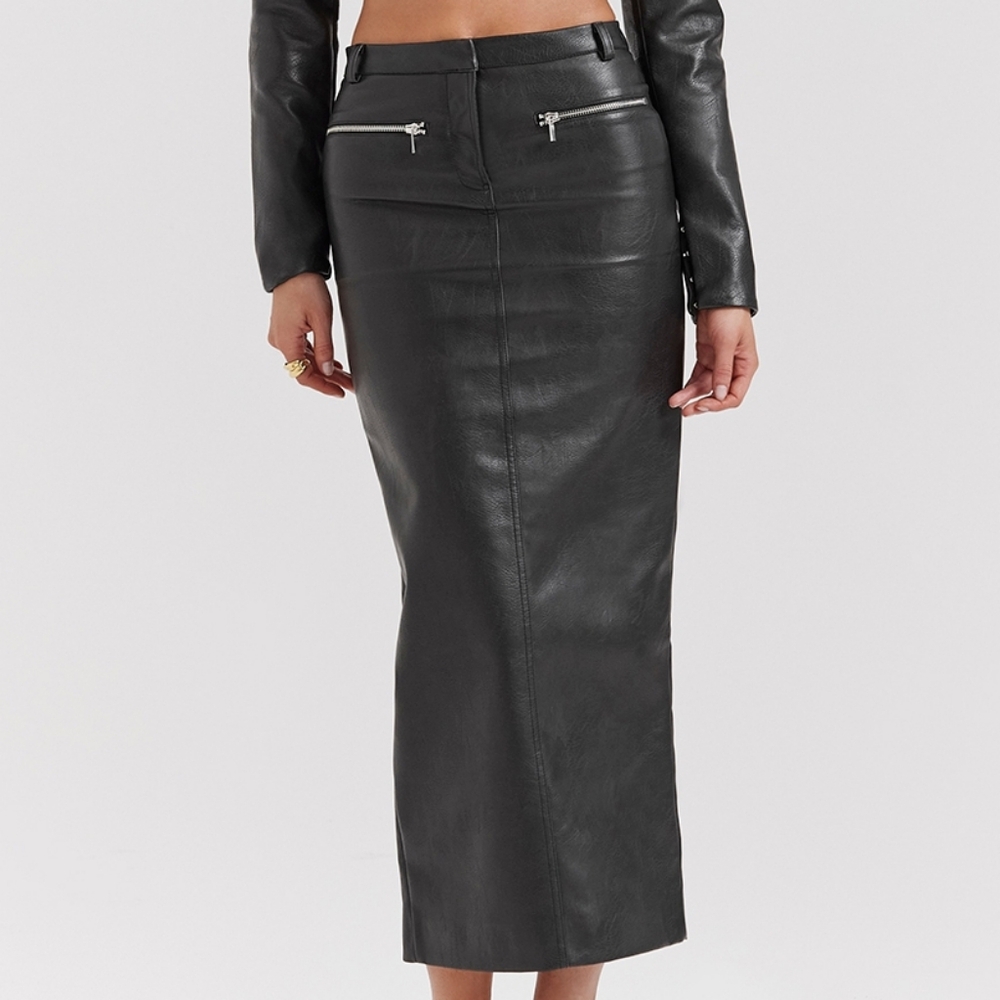 NWT House of CB Tana Vegan Leather Black Maxi Skirt M